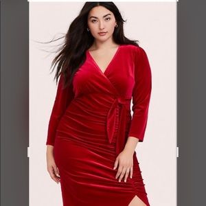 Red velvet faux wrap dress